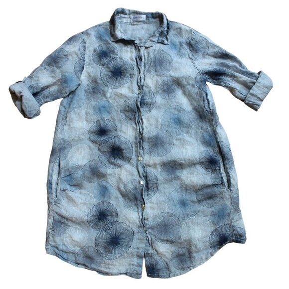 Marisima 100% Linen Shirt Dress Made in Italy One Size Blue Floral Coastal - Picture 3 of 6